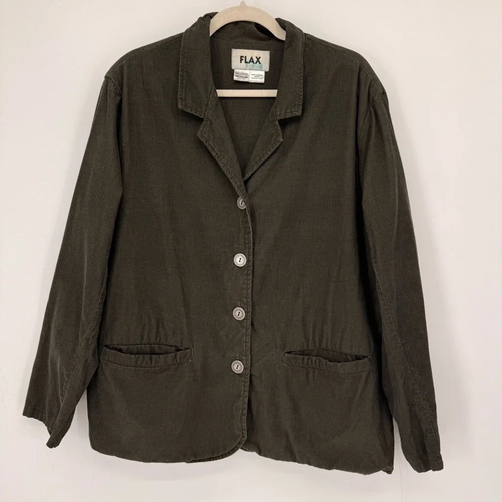 FLAX 100% Cotton Lagenlook Jacket Blazer Olive‎ Button Front Pockets Women’s M